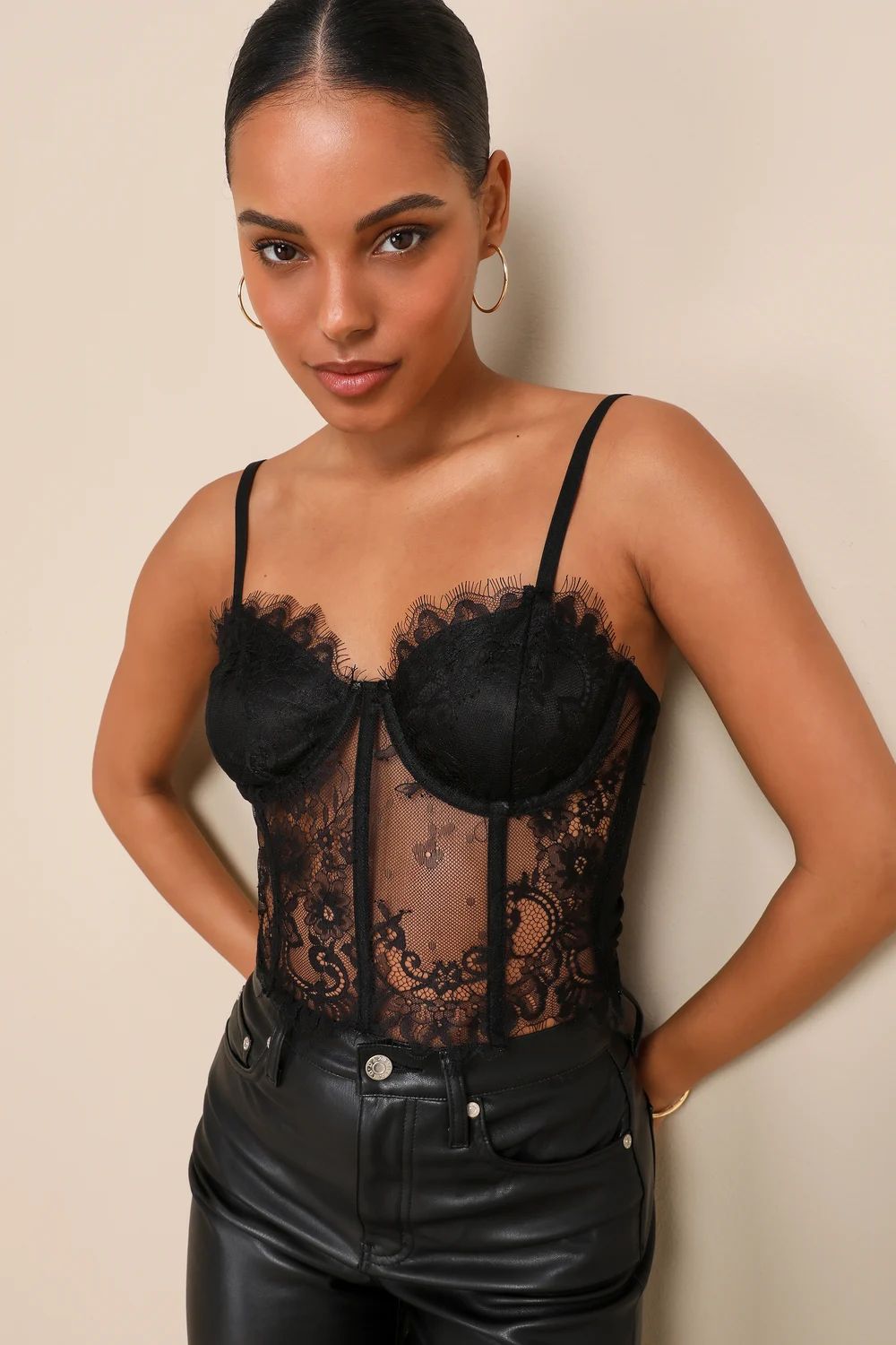 Strikingly Sultry Black Sheer Lace Sleeveless Bustier Top | Lulus (US)