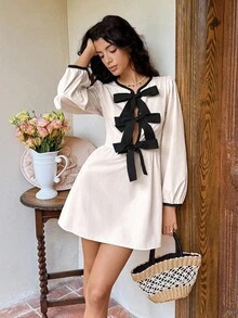 SHEIN Frenchy Women's French Front Contrast Color Bowknot Strap Long Sleeve Short Dress,Fall Dres... | SHEIN