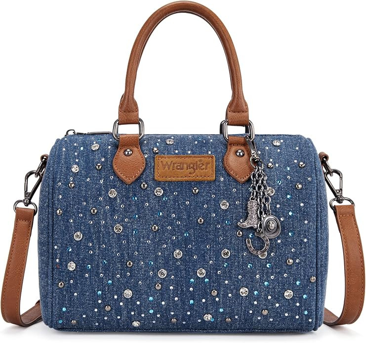 Wrangler Rhinestone Denim Barrel Bag for Women Crossbody Satchel Y2K Purse | Bling Rhinestones an... | Amazon (US)