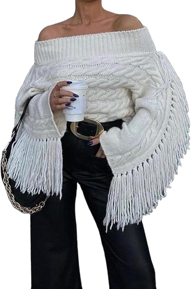 Unybwonn Women Off The Shoulder Fringe Cropped Sweater Long Sleeve Sexy Pullover Y2k Cute Streetw... | Amazon (US)