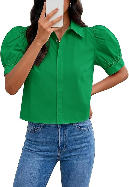 Amazon.com: Tankaneo Womens Cropped Button Down Shirts Summer Puff Short Sleeve Collared Tops Dre... | Amazon (US)