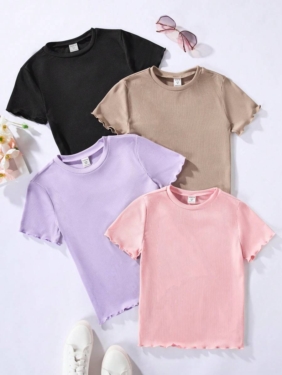 SHEIN Vintaside Kids 4pcs/Set Solid Color Round Neck Short Sleeve T-Shirt For Tween Girls, School... | SHEIN