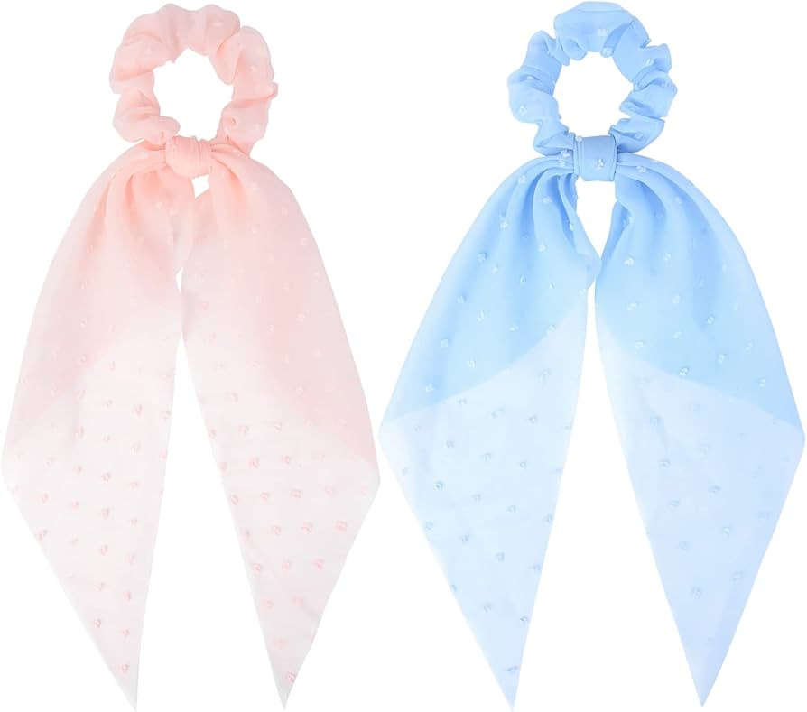 2 PCS Hair Scrunchies Scarf Pink Blue Hair Ribbon Satin Bow Silk Elastic Hair Tie Bands Large Pon... | Amazon (US)