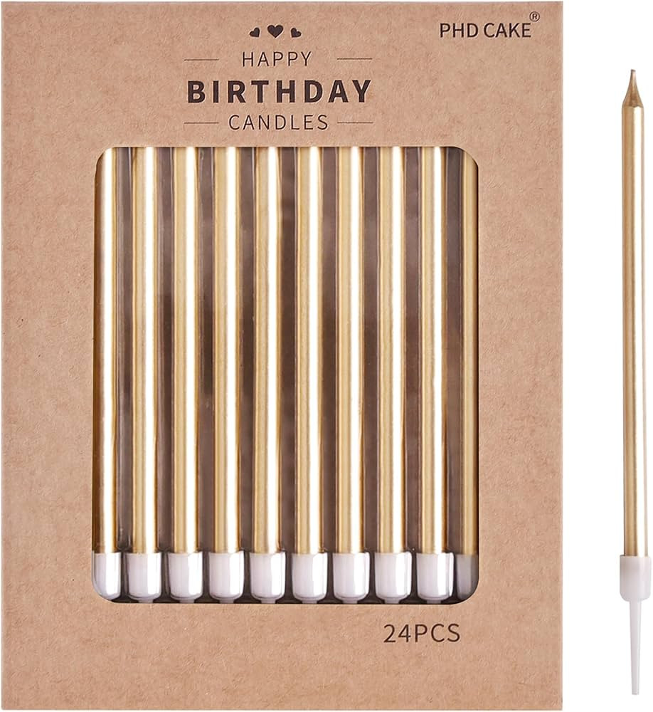PHD CAKE Champagne Gold Long Thin Metallic Birthday Candles, Cake Candles, Birthday Parties, Wedd... | Amazon (US)