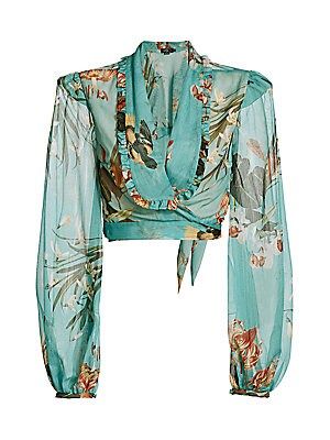 Patbo Carolina Floral Tie-Front Crop Top - Blue - Size XL | Saks Fifth Avenue