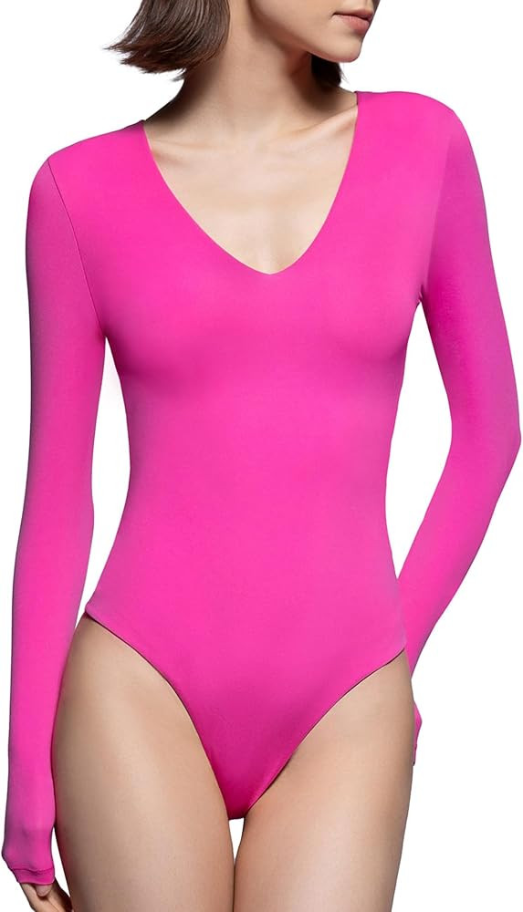 PUMIEY Bodysuits for women V Neck Long Sleeve Body Suit Sexy Tops Smoke Cloud Pro Collection | Amazon (US)