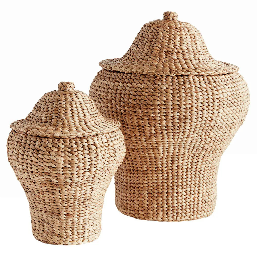 Marigold Updated Traditional Tan Water Hyacinth Ginger Jar - Set of 2 | Kathy Kuo Home