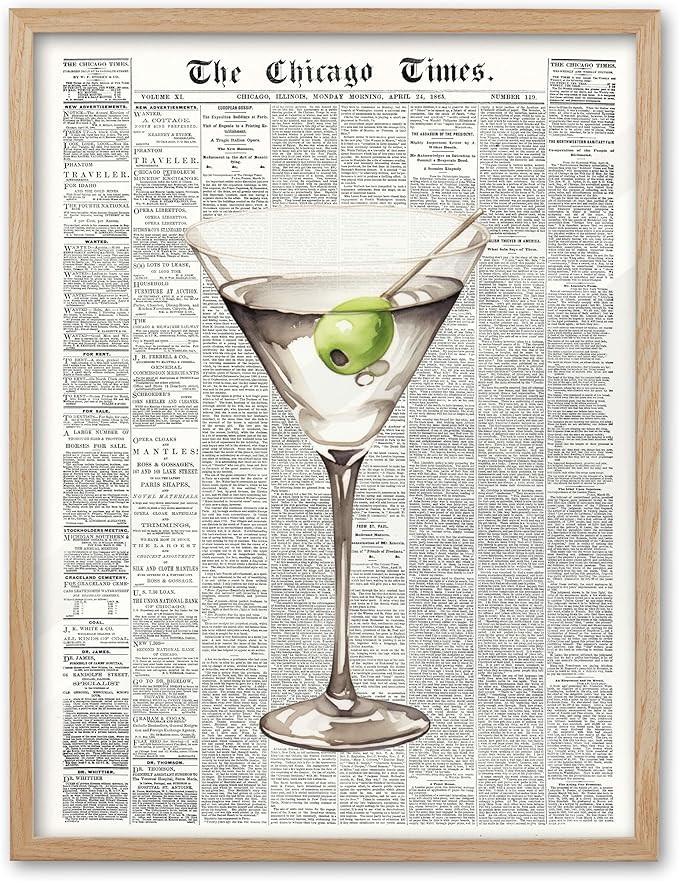 EcoHest Trendy Newspaper Martini Framed Wall Art, 12x16 in OAK Wood Retro Bar Cart Canvas Art, Ma... | Amazon (US)