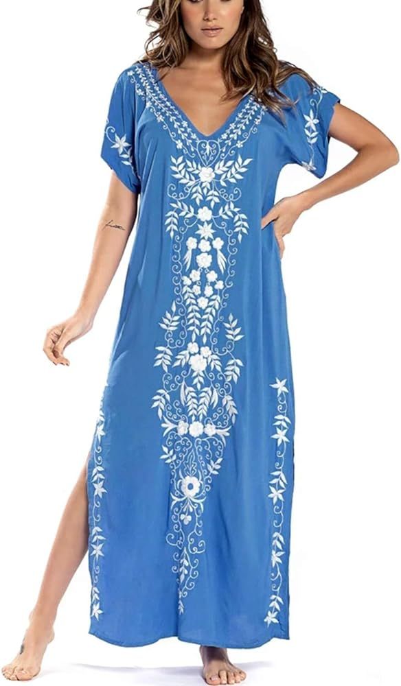Bsubseach Swimsuit Cover Ups Embroidery V Neck Short Sleeve Swim Cover Up for Women Kaftan Dresse... | Amazon (US)