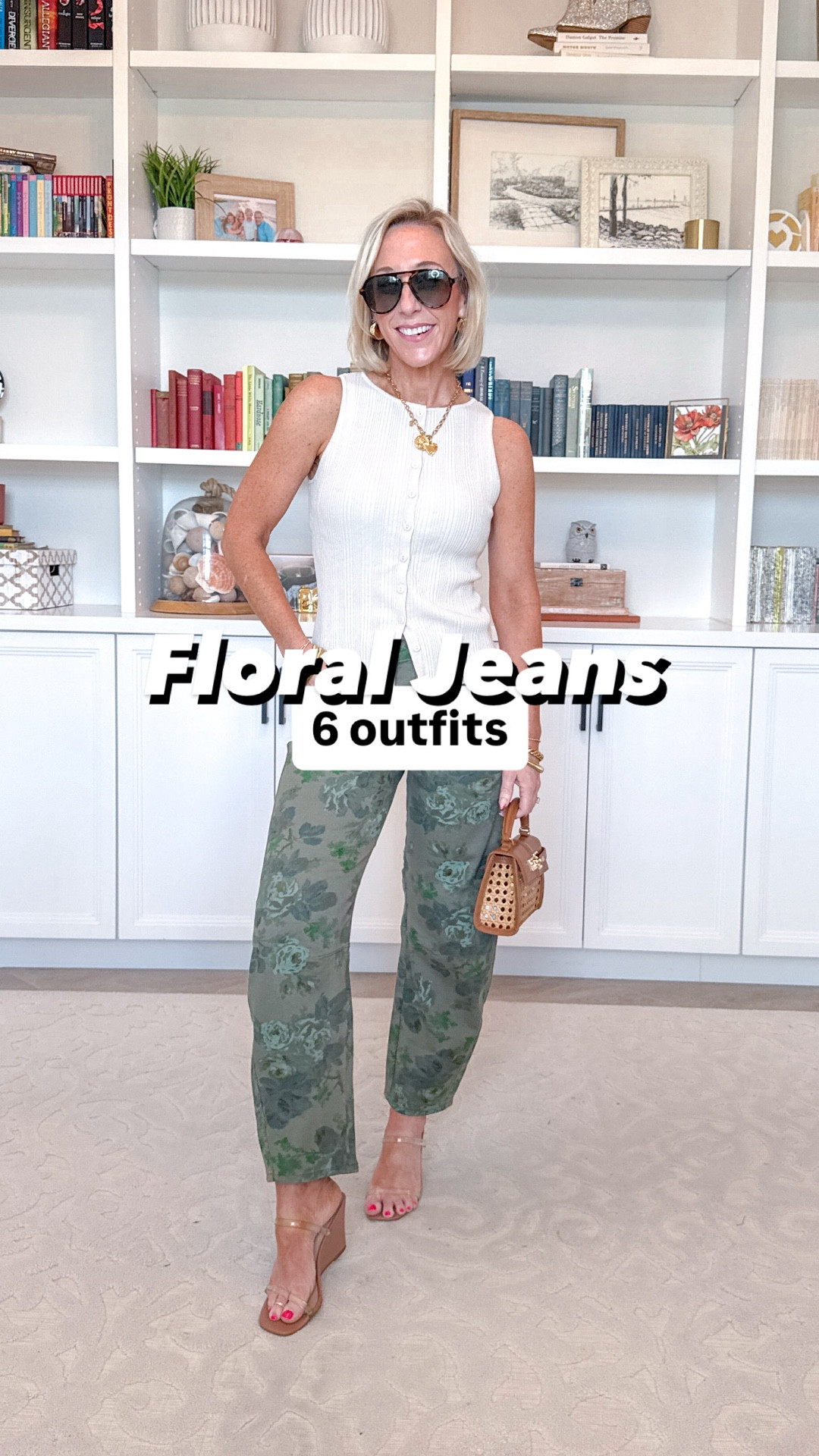 Floral Jeans - 6 outfits
* Polka dot jacket - size small. Comes in other colors.
• Spanx booty boost leggings - size small, 7/8 length.
• Tank (underneath) - size small.
• Sandals - tts
*** High Rise Floral Barrel Jeans - size 00/24, Regular. 50% off.
1. Denim Button Down - size Small.
2. Crochet Cap Sleeve Sweater - size small.
3. Ruffle Trim Button-Down - size small
Grey Sweater - mine is old but I’m linking similar
4. Sleeveless Vest - size small.
5. Denim Bomber Jacket - size XS.
6. Black Blazer - mine is old but I’m linking some options.
* Black tank - size small.
* Dior bag - use code LESLIEGARRITY to get your first month free!

#LTKSeasonal #LTKSaleAlert #LTKOver40