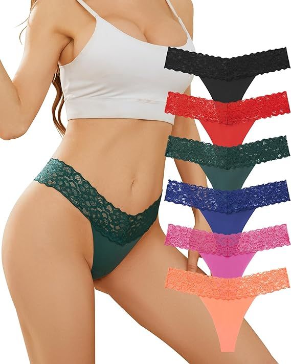 Thongs for Women, Seamless Women Thong Underwear Lace Panties No Show Lace Thongs for Women 6 Pac... | Amazon (US)