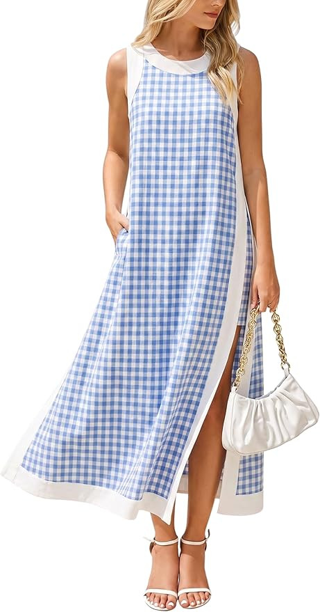 Hooever Women's Plaid Two Piece Sets Casual Summer Sleeveless Gingham Maxi Dress Matching Shorts | Amazon (US)