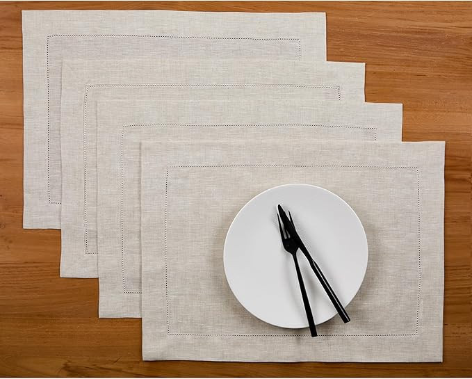 Solino Home Linen Placemats Set of 4 - Classic Hemstitch Light Natural Placemats 14 x 19 Inch - 1... | Amazon (US)