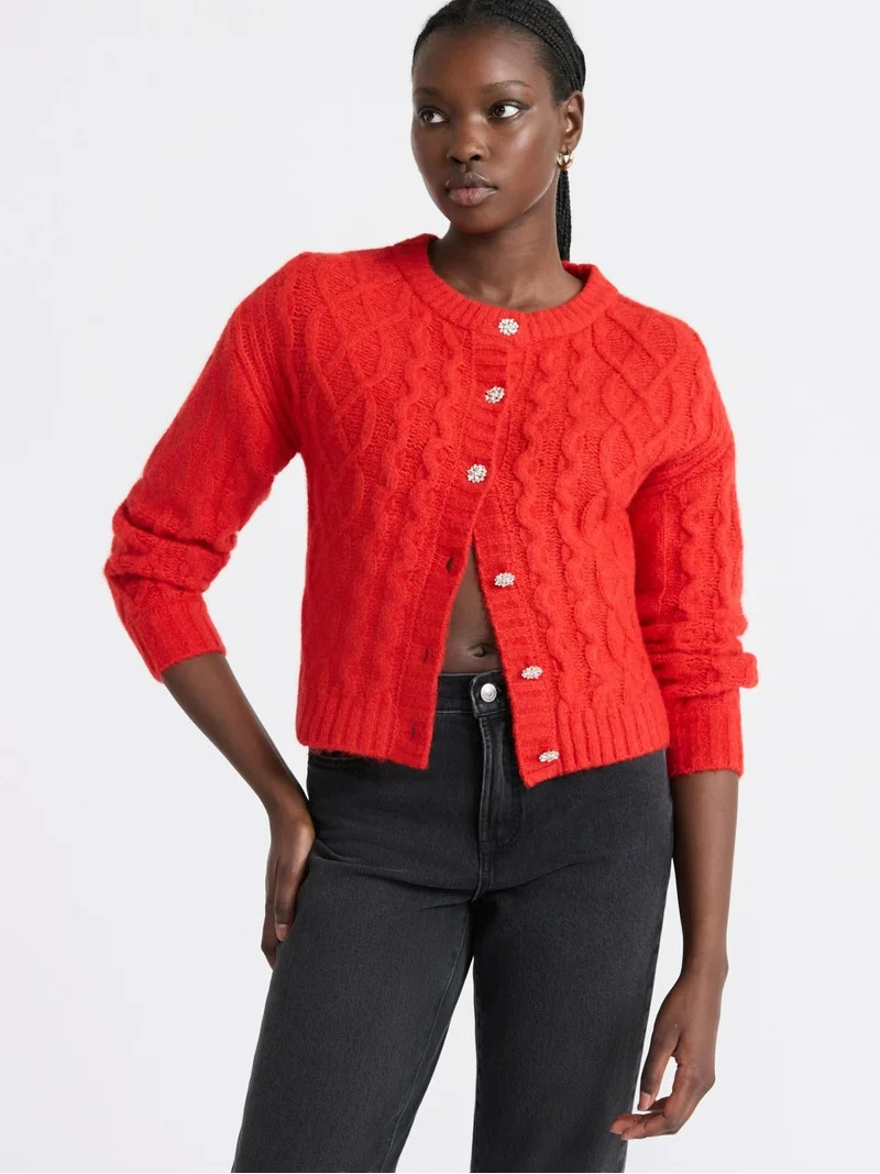 Free Assembly Women's and Women's Plus Cropped Cable Cardigan Sweater, Midweight, Sizes XS-4X | Walmart (US)