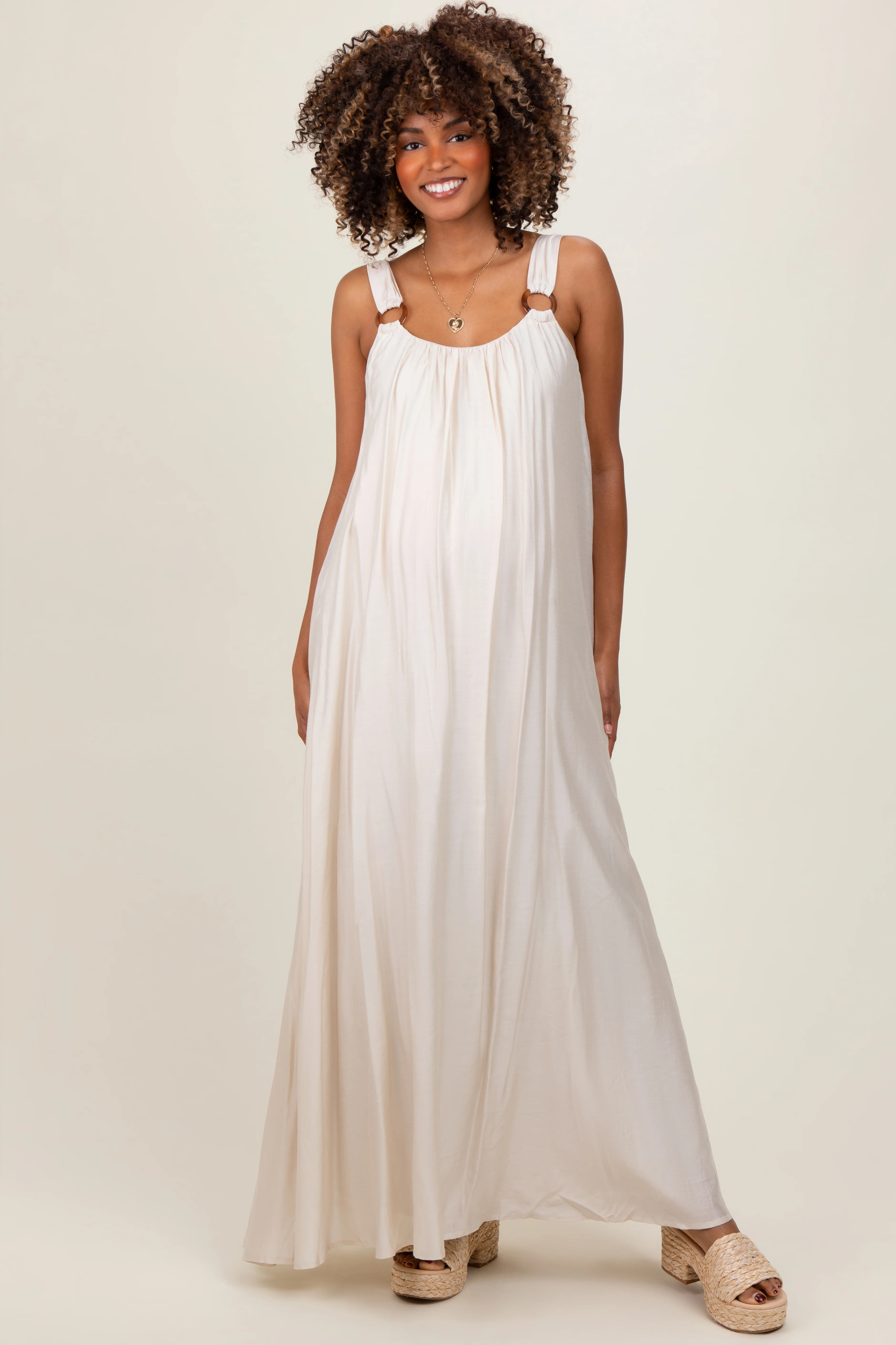 Cream O-Ring Strap Scoop Back Maternity Maxi Dress | PinkBlush Maternity