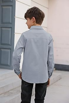 Boys' Long Sleeve Dress Shirts Classic Collared Button-Down Tshirt Solid Cotton Top with Chest Po... | Amazon (US)