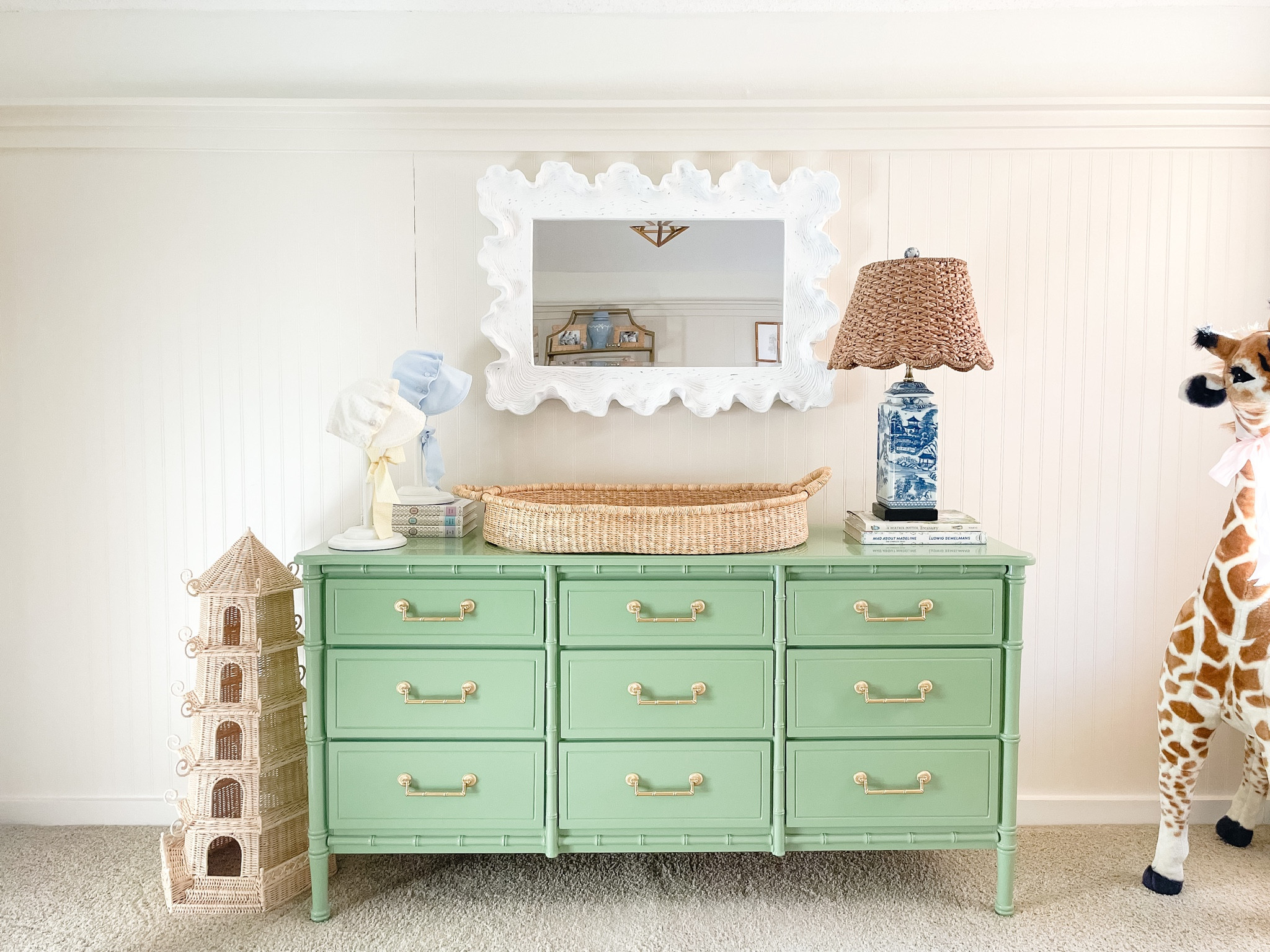 Baby girl nursery // palm beach // grandmillennial // preppy // chinoiserie // faux bamboo dresser // lacquer // Ballard Designs mirror // rattan pagoda // Amanda Lindroth // blue and white lamp // sea grass rattan lamp shade // changing basket // Beaufort Bonnet 

#LTKbaby #LTKhome