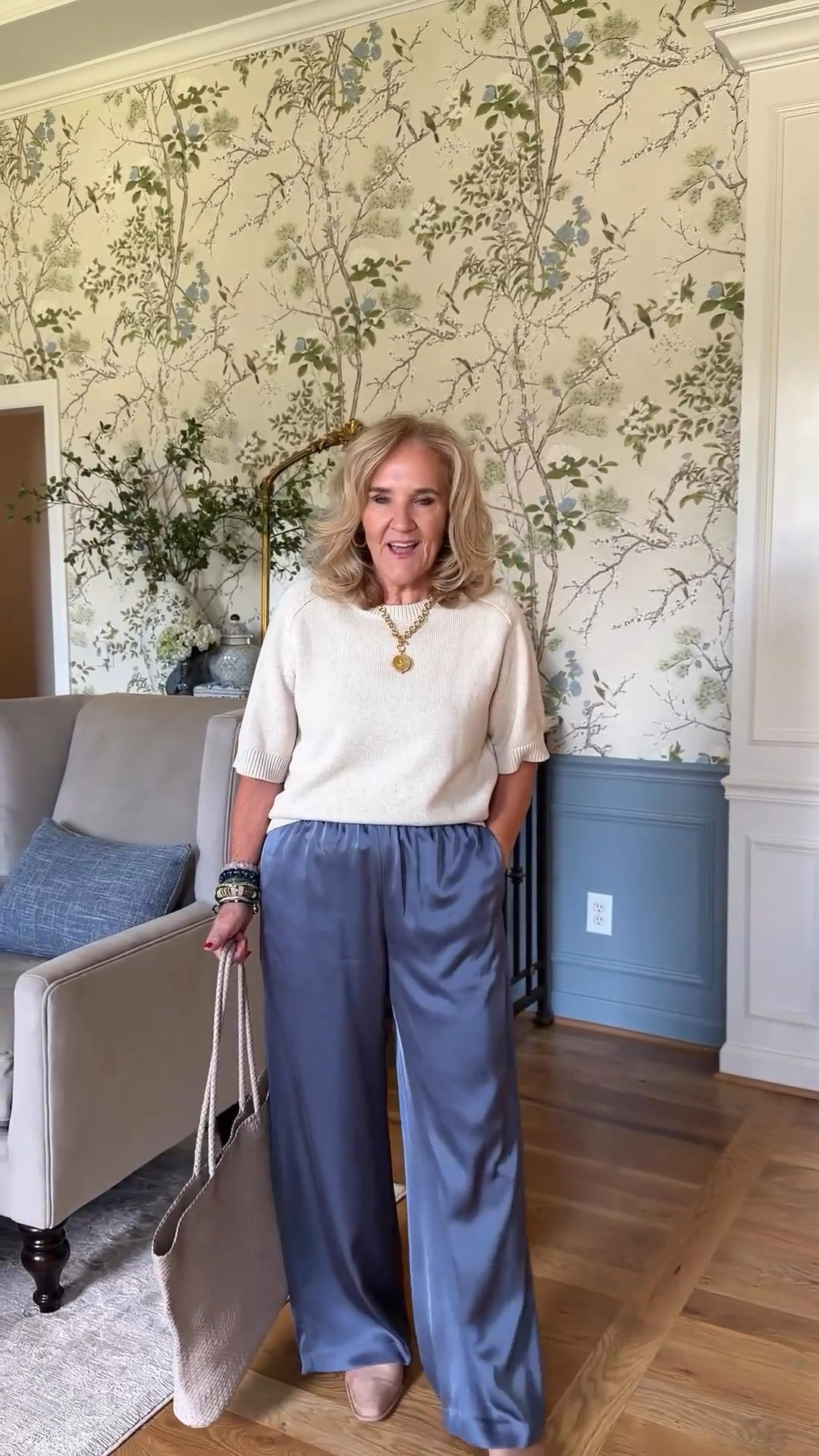 These satin pants really do make a simple sweater tee feel a little more special. I’m wearing a medium short in the pants, sized up to a large in the sweater, and went down half a size in the mules.

#LTKootd #LTKgrwm #LTKOver40