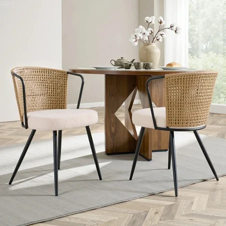 Sailvan Dining Chair Set of 2, Accent Rattan Dining Room Chairs, Modern Kitchen Chairs with Lamb Fleece Cushion, Mid Century Style Living Room Chairs, Easy Assembly, Brown | Walmart (US)