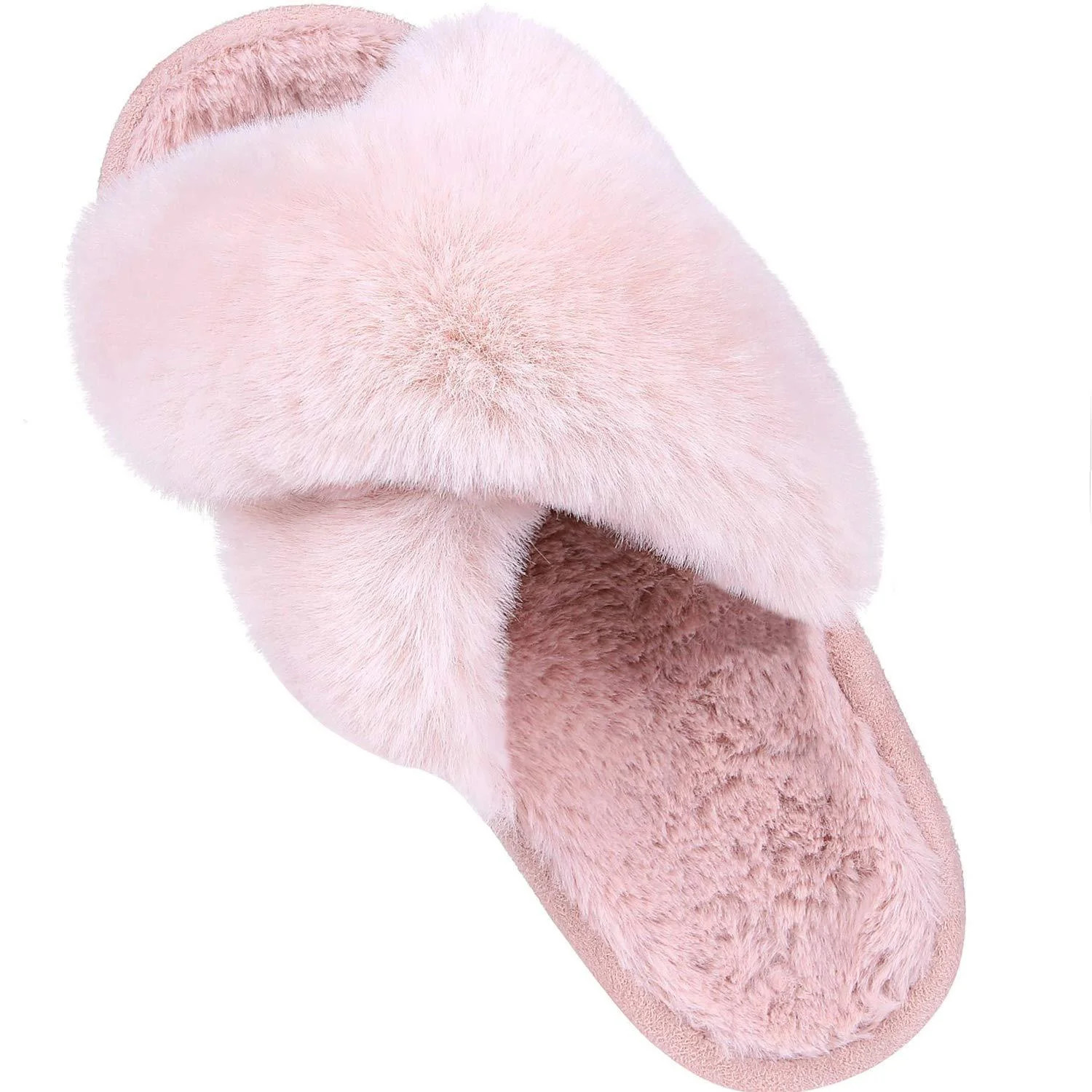 Litfun Women's Fuzzy Slippers Plush Cross Band Open Toe House Thick Sole Slippers, Pink, Size 7-8... | Walmart (US)