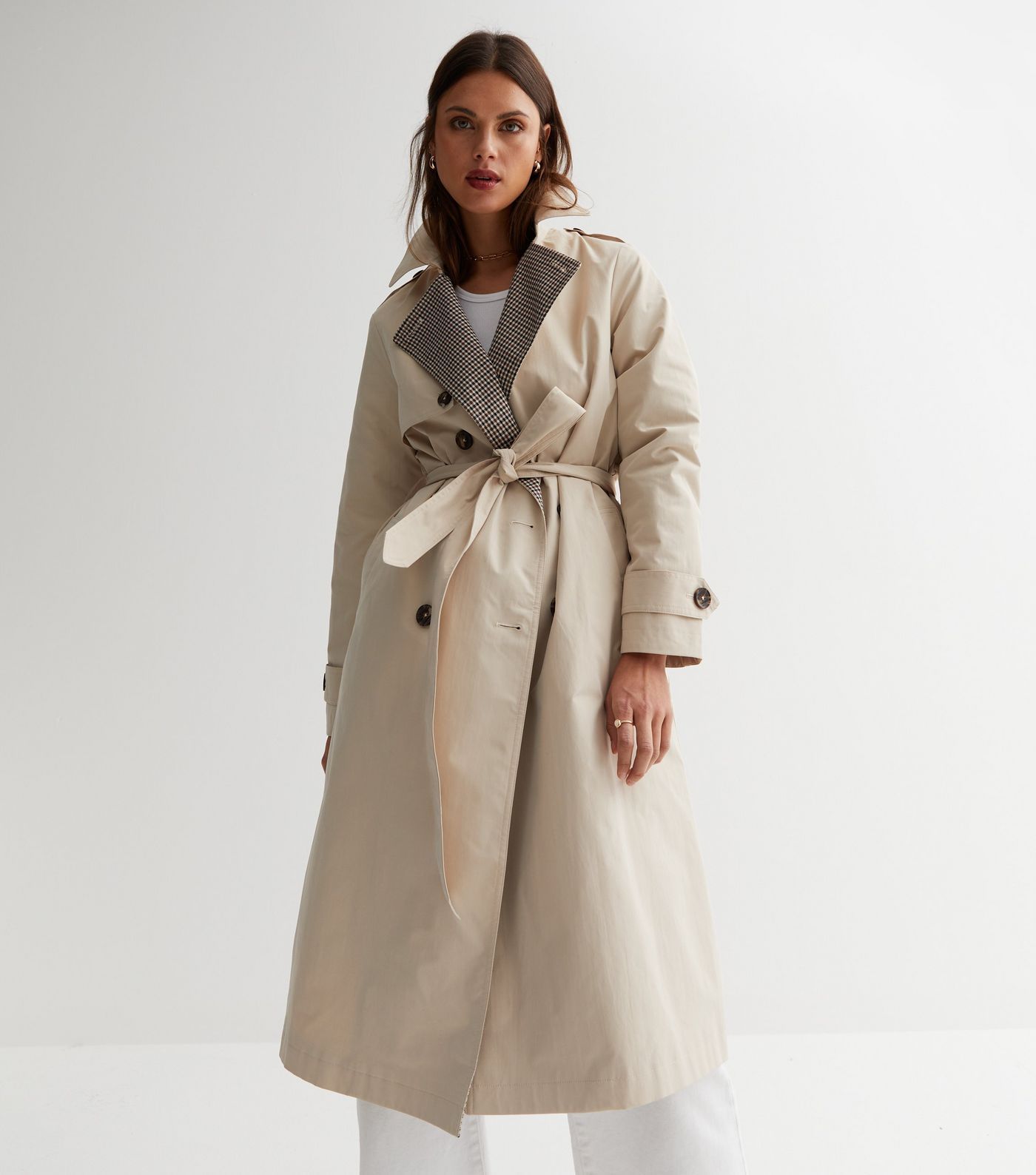 Camel Check Revere Collar Belted Trench Coat
						
						Add to Saved Items
						Remove from Sa... | New Look (UK)