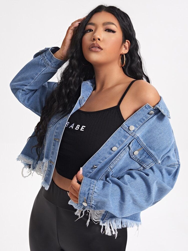 Plus Raw Hem Drop Shoulder Denim Jacket | SHEIN