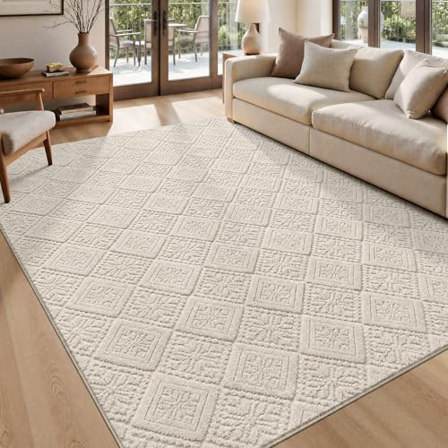 U'Artlines 5x7 Beige Washable Area Rug for Living Room, Soft Fluffy High Low Textured Carpet, Modern Neutral Geometric Non Slip Rugs for Bedroom Dining Room Kids Room | Amazon (US)