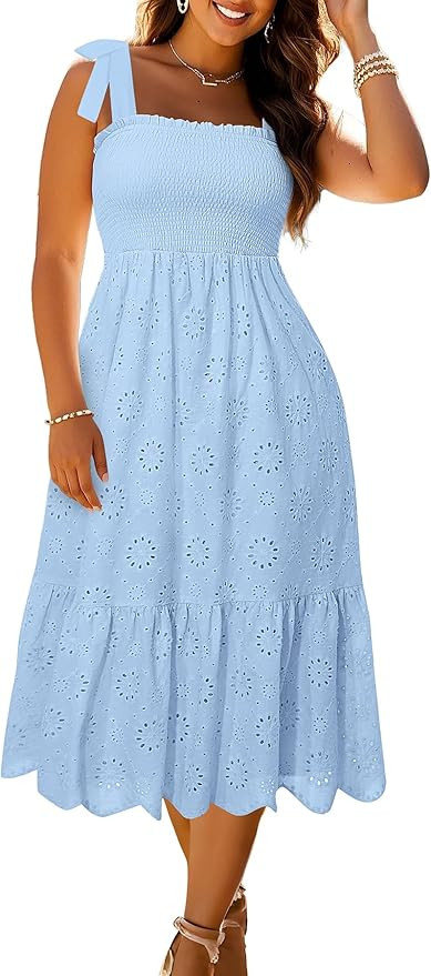 Plus Size Summer Dress 2025 - Sun Boho Casual Beach Spaghetti Strap Eyelet Midi Sundress | Amazon (US)