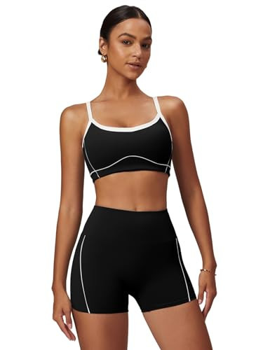 ABOCIW Workout Sets for Women 2 Piece Contrast Trim Sports Bra High Waist Biker Shorts Gym Yoga Outfits Black Small | Amazon (US)