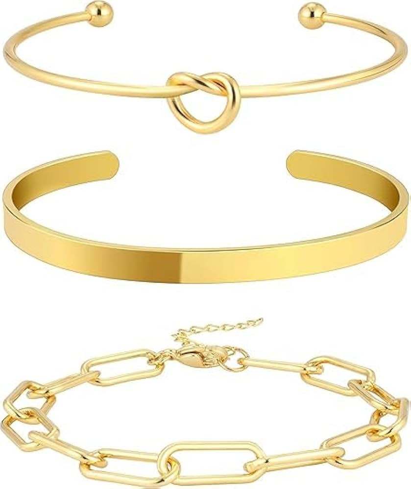 3 PCS Cuff Knot Bracelet for Women Stacked 14k Golden Plated Bangles Jewelry Set for Women Trendy | Amazon (US)