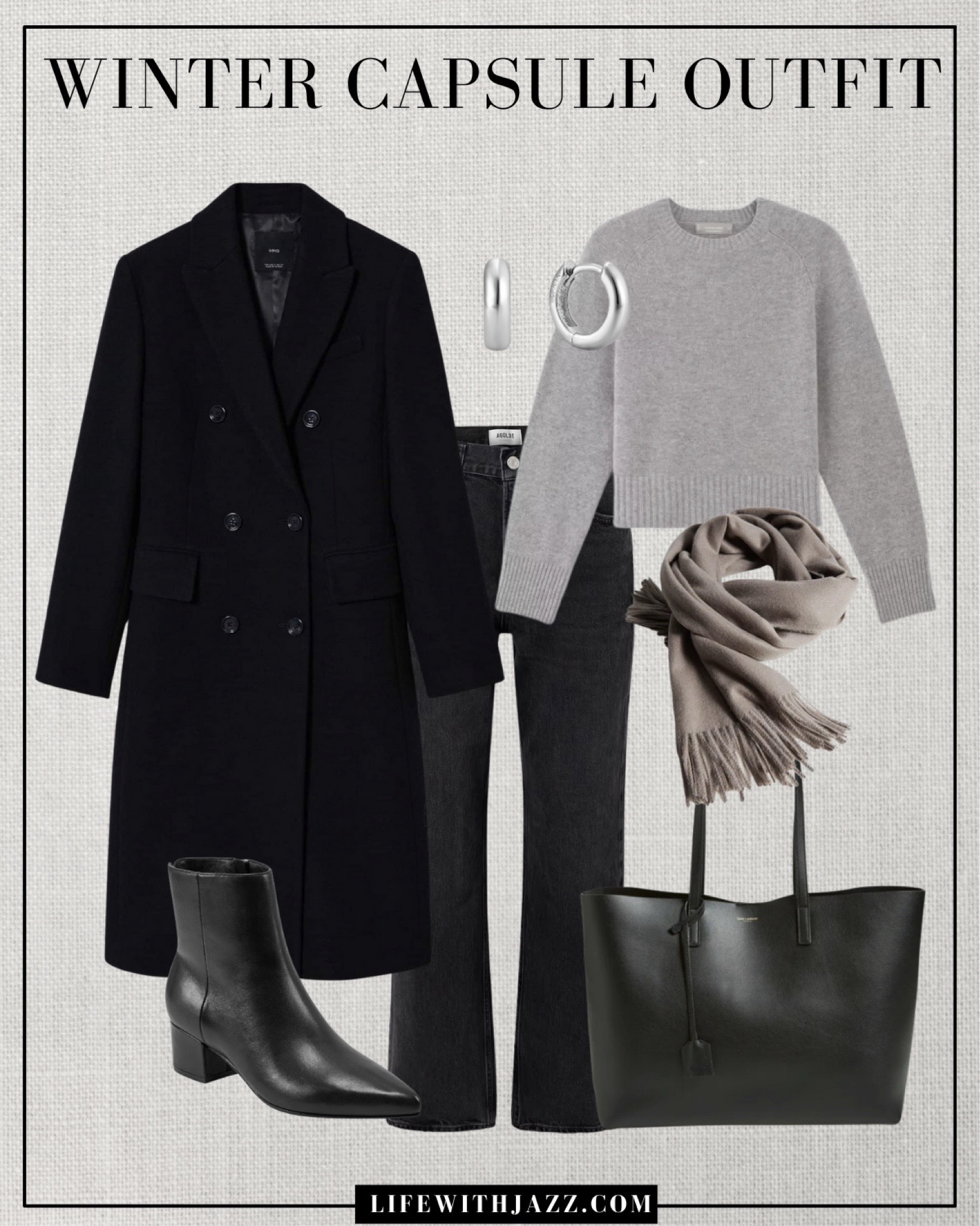 Winter capsule outfit 

Black coat / long coat / light gray sweater / cashmere sweater / black ankle jeans / gray scarf / silver earrings / black booties / black tote bag / smart casual / wc25

#LTKStyleTip #LTKSeasonal