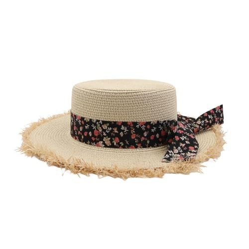 Spring and Summer Women's Large Brim Flat-Top Straw Hat with Leaf-Print Ribbon, Frayed Edge, Sun Protection Beach Hat(Beige) | Amazon (US)
