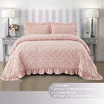 HIG Pink Lace Ruffled Comforter Set Queen - Pintuck Pinch Pleated Bedding with Shams - Super Soft... | Amazon (US)