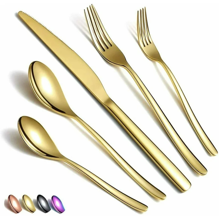 Just Houseware Gold Silverware Set 20 Pieces, Stainless Steel Flatware Set, Titanium Plating Cutl... | Walmart (US)
