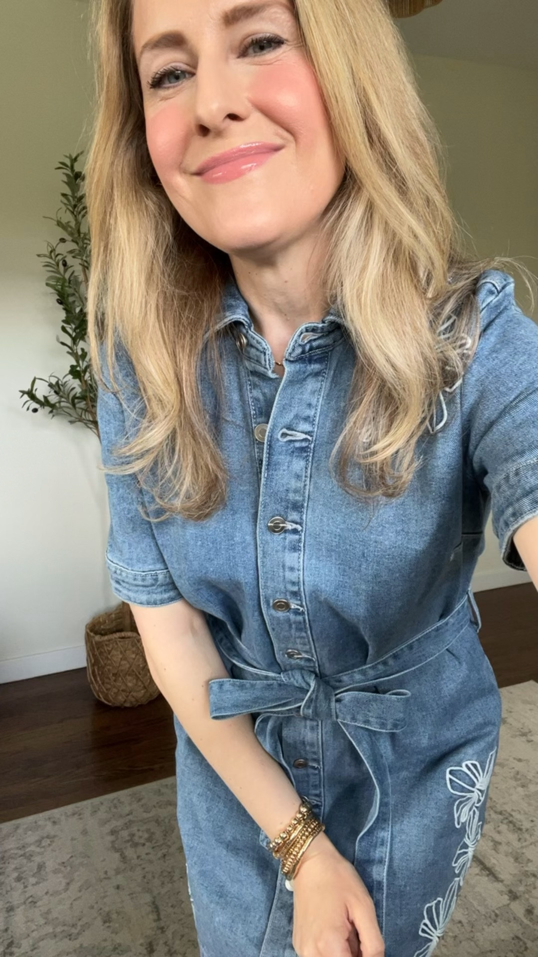 Grabbed this denim shirtdress on clearance! It’s a very thick substantial denim fabric with a hint of stretch, removable belt, functional buttons. Beautiful embroidery detail. Fits tts I’m in a small. Love it for summer concerts or wear to work with flats. #walmartfashion