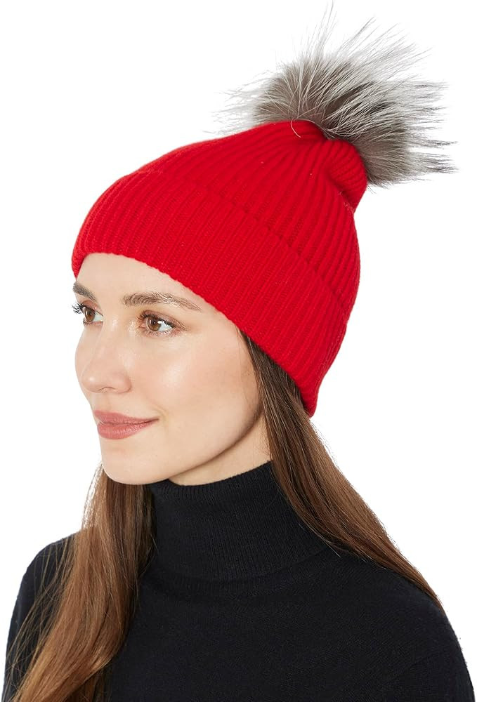 100% Real Cashmere Hat with Genuine Fox Fur Pom Pom – Ultra-Soft Knit Luxury Beanie for Women, ... | Amazon (US)
