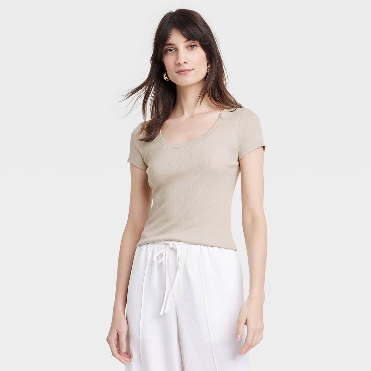 Women's Slim Fit Short Sleeve Ribbed Scoop Neck T-Shirt - A New Day™ Beige M | Target