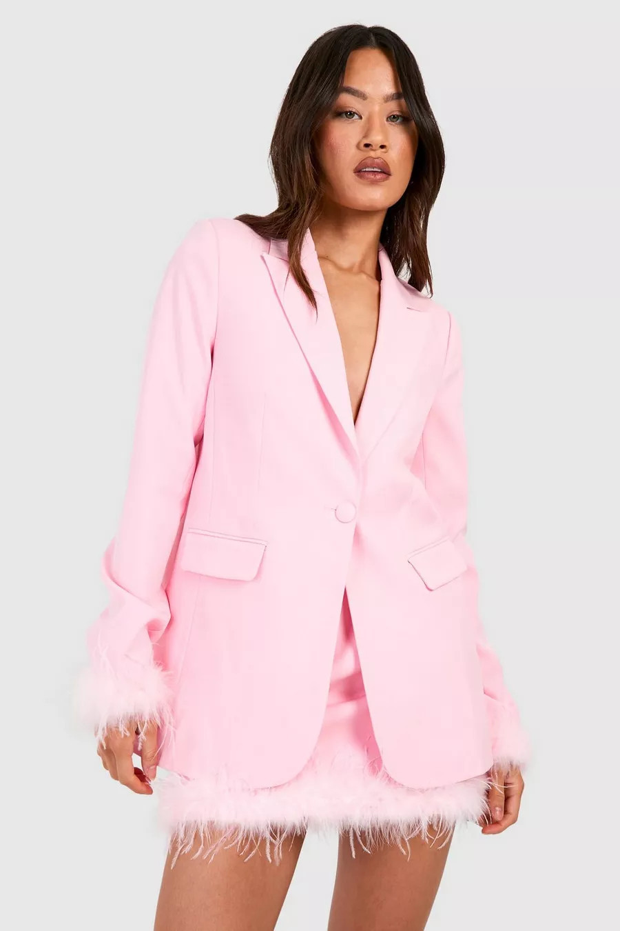 Tall Feather Trim Woven Blazer | boohoo (US & Canada)