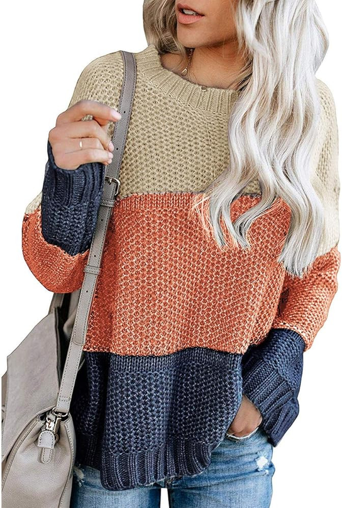 MEROKEETY Women's Crew Neck Long Sleeve Color Block Knit Sweater Casual Pullover Jumper Tops | Amazon (US)