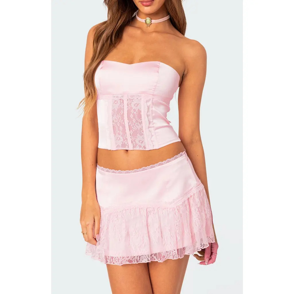 EDIKTED Lex Satin & Lace Corset Top in Light-Pink at Nordstrom, Size Medium | Nordstrom
