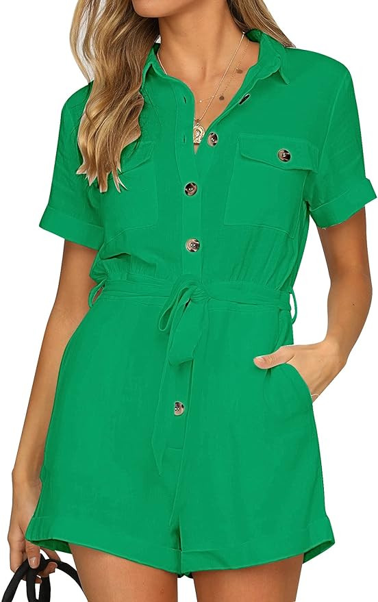 GRAPENT Women's Summer Short Sleeve Button Down Pockets Belted Jumpsuits Rompers | Amazon (US)