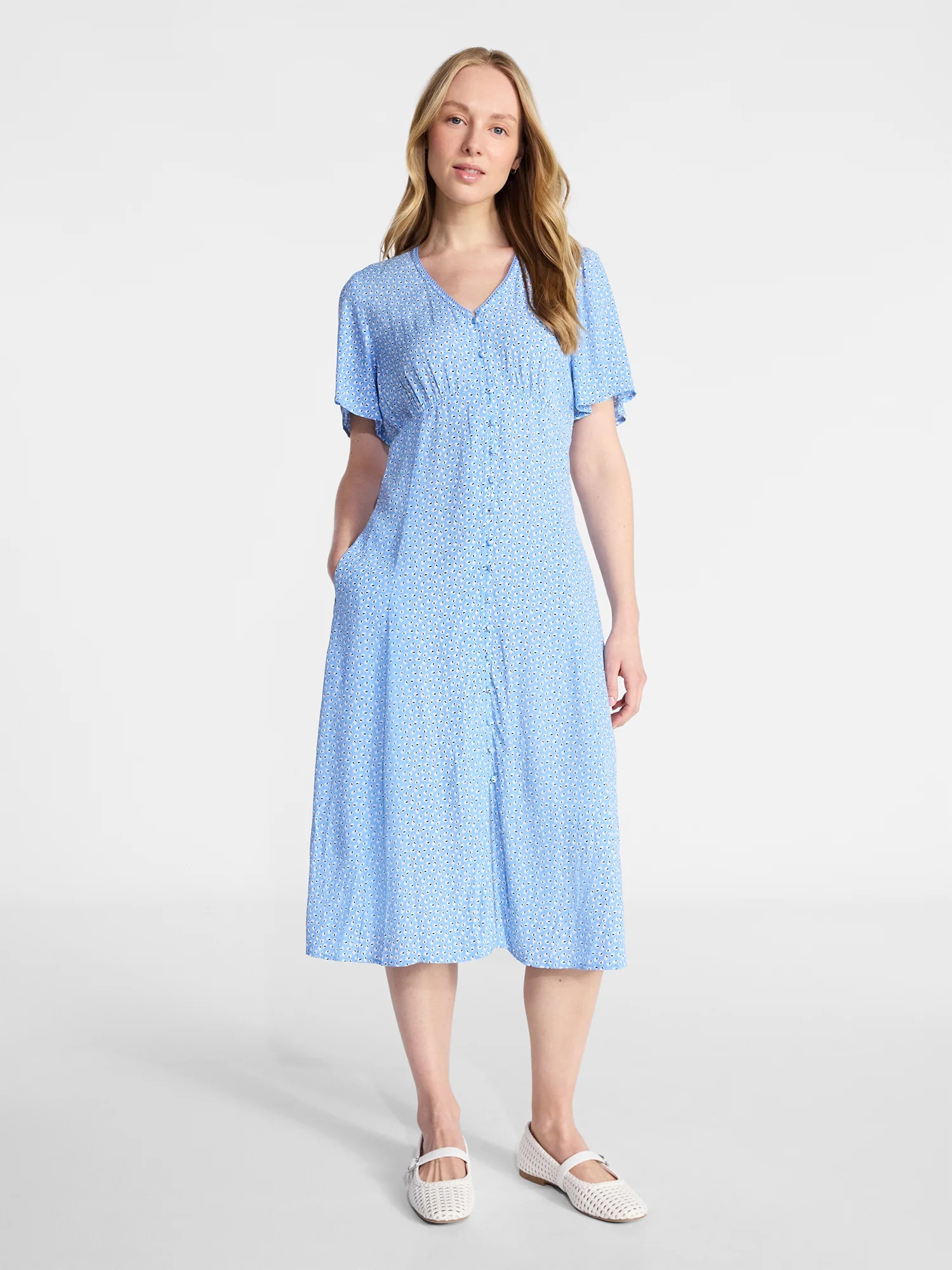 Time and Tru Women's Empire Waist Midi Dress with Short Sleeves, Sizes XS-XXXL | Walmart (US)