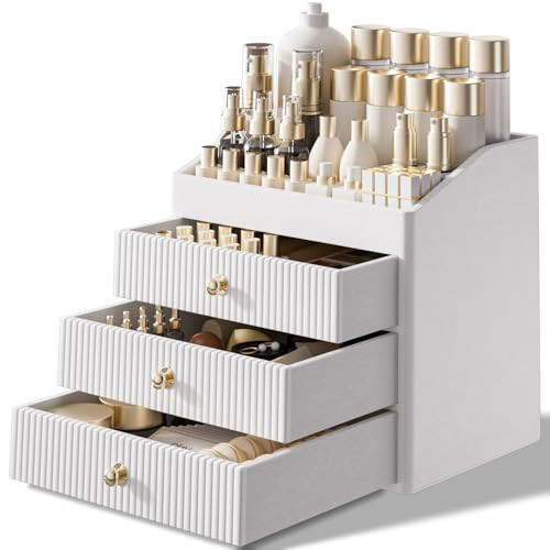 LADSTAG Vanity Organizers,Luxury Skincare Organizer with 3 Tier Drawers,Beige White Large Capacity Cosmetic Organizer Countertop for Makeup Brush,Dresser,Bedroom,Bathroom,Mom Gifts,Mom Birthday Gifts | Amazon (US)