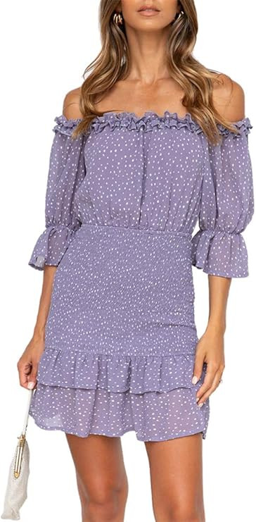 Amegoya Women's Summer Off Shoulder Ruffle Half Sleeve Cotton Beach Mini Dress | Amazon (US)