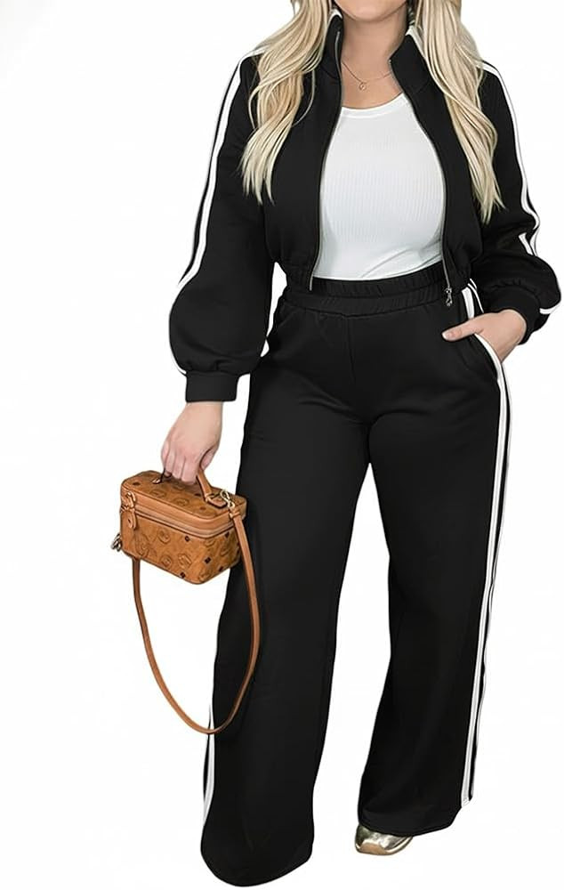 CHICME Womens 2 Piece Outfits Spring 2026 Casual Striped Tracksuit Sets Crop Zip Shirt Sporty Wid... | Amazon (US)