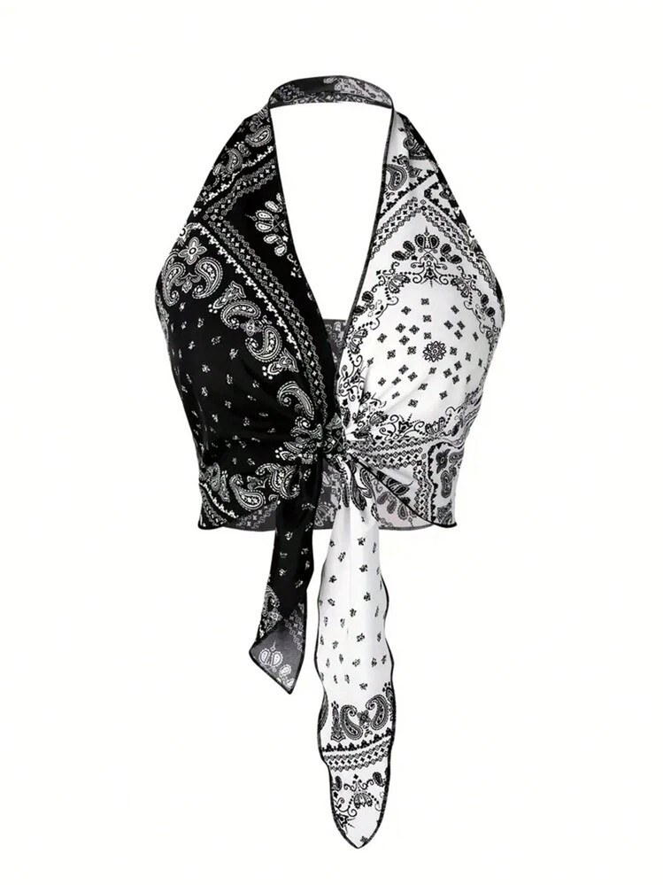 INAWLY Paisley Scarf Print Colorblock Tie Front Halter Top | SHEIN