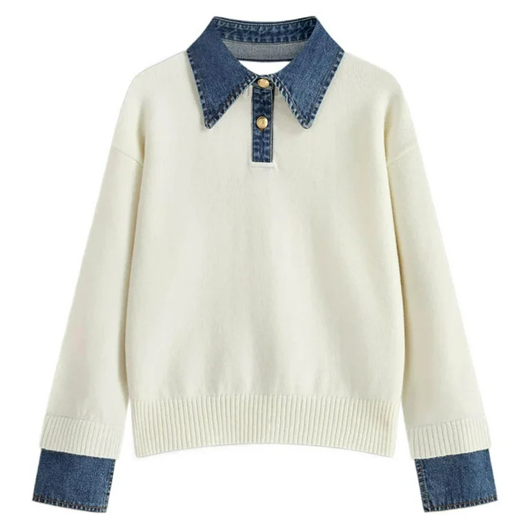 DuoJiaJ Women's Pullover Sweater Casual Loose Knit Top Collar Denim Trim Elegant Versatile Shirt ... | Walmart (US)