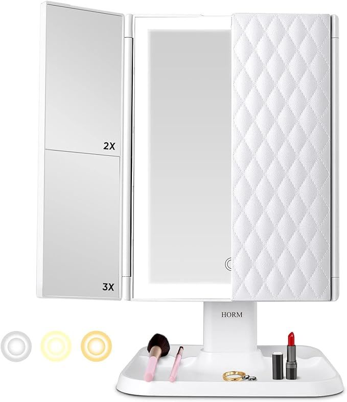 HORM Makeup Mirror Vanity with Lights - 3 Color Lighting Modes 72 LED Trifold Mirror, 1x/2x/3x Ma... | Amazon (US)