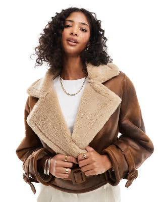 Bershka belted suede and shearling jacket in brown | ASOS | ASOS (Global)