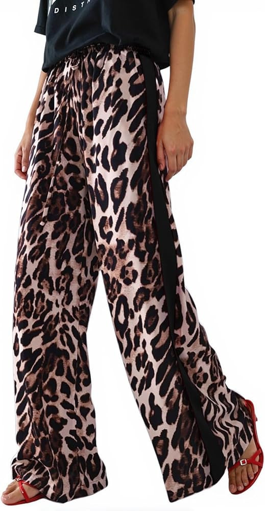 Women's Casual Pants Drawstring Leopard Print Color Block Side Striped Straight Leg Wide Leg Loos... | Amazon (US)
